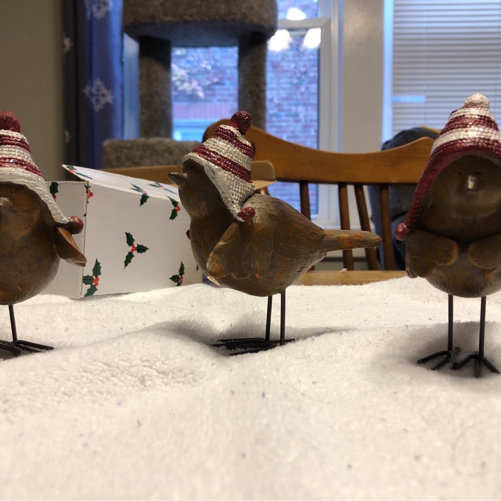 Festive Brown Bird Figurines with Red Hats